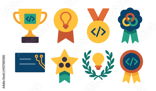 Flat vector icons of innovation hackathon awards: hackathon winner trophy, best idea badge, fastest coder medal, teamwork champion ribbon, creative tech solution certificate, open-source contribution