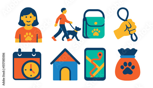 Flat vector icons of pet sitting and walking: pet sitter icon, dog walker, walking bag, leash in hand, scheduled visit, home visit icon, GPS walk map, treat bag.