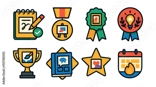 Flat vector icons of creativity and art achievements: completing a sketchbook badge, launching an art exhibit medal, selling first artwork ribbon, winning a design contest badge, finishing an