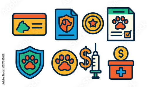 Flat vector icons of pet insurance and finance: insurance card, pet policy, premium icon, claim form, coverage shield, money paw, vet cost, emergency fund.