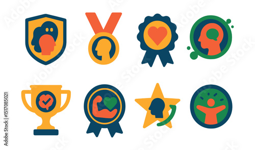 Flat vector icons of mental resilience achievements: overcoming fear badge, managing anxiety programs medal, achieving emotional stability ribbon, practicing regular therapy badge, completing mental