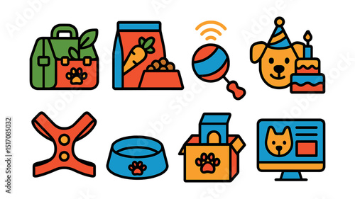 Flat vector icons of pet lifestyle trends: eco pet gear, vegan pet food, smart toys, pet birthday, fashionable harness, minimalist pet bowl, monthly box, pet blog.