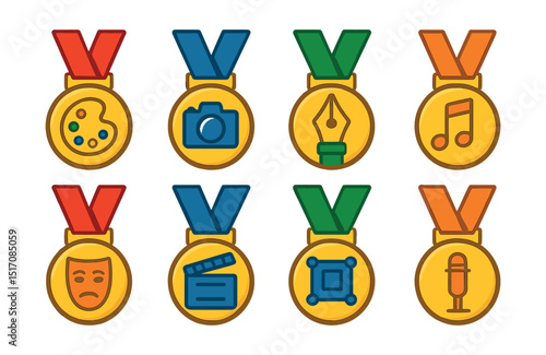 Flat vector icons of creative arts medals: best painting competition medal, top photography award medal, best illustration contest medal, music festival performance medal, theater acting excellence