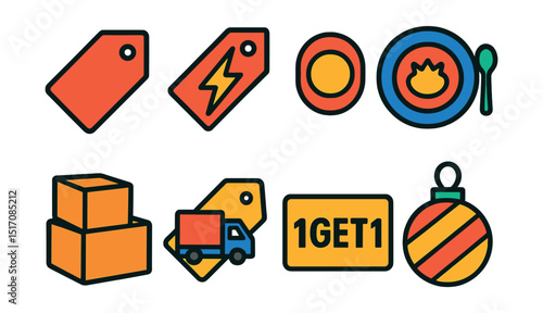 Flat vector icons of deals and savings: deal tag, flash deal, limited offer, today’s special, bundle offer, free shipping tag, buy 1 get 1, holiday promo.