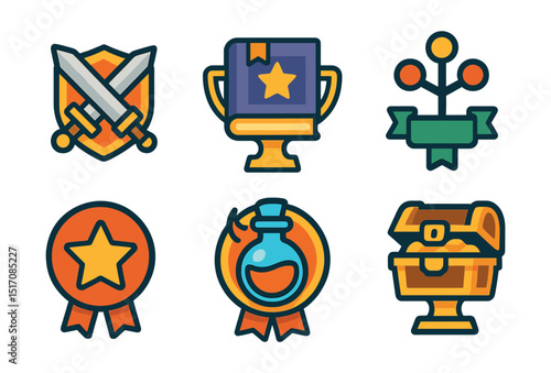 Flat vector icons of RPG elements: sword and shield badge, magic spellbook trophy, potion brewing medal, skill tree upgrade ribbon, character class selection star, boss battle finisher badge, dungeon