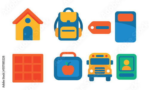 Flat vector icons of daycare and school essentials: daycare house, backpack icon, name label, nap mat, cubby shelf, lunchbox, school bus, pickup card.