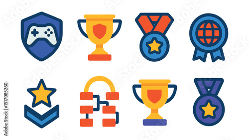 Flat vector icons of gaming tournaments and leagues: online gaming league badge, seasonal championship trophy, invitational tournament medal, global series finals ribbon, ranked league promotion star