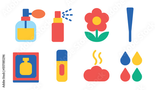 Flat vector icons of perfume and fragrance: perfume bottle, spray nozzle, floral scent icon, fragrance tester strip, luxury perfume box, travel atomizer, scent cloud, aroma palette.