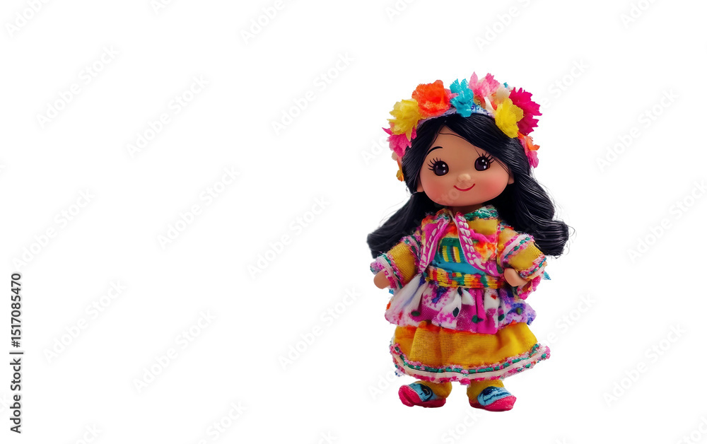 Small vibrant doll wearing detailed outfit with artistic and cultural flair isolated on transparent background PNG Small vibrant doll wearing detailed outfit with artistic and cultural flair isolated on transparent background PNG