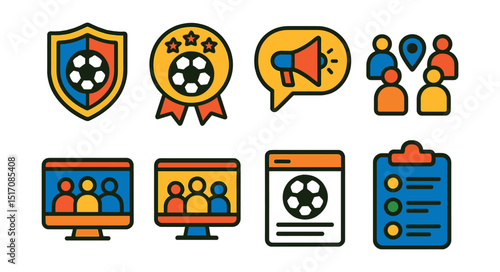 Flat vector icons of sports communities and fan clubs: club emblem, fan badge, supporter chat, local meetups, online group, team blog, photo wall, event list.