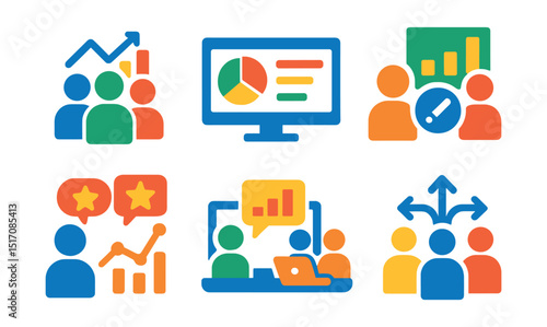 Flat vector icons of analytics community and collaboration: data team icon, shared dashboard, real-time collaboration badge, group insights session, user feedback graph, analytics forum, coworking