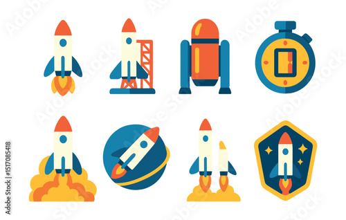 Flat vector icons of rockets and spacecraft: space rocket, launch pad, fuel tank, countdown clock, blast-off icon, rocket in orbit, booster separation, mission badge.