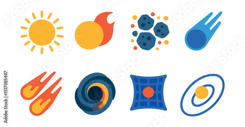 Flat vector icons of solar system and celestial bodies: sun with rays, solar flare, asteroid belt, comet tail, meteor shower, black hole spiral, gravitational pull, orbit lines.
