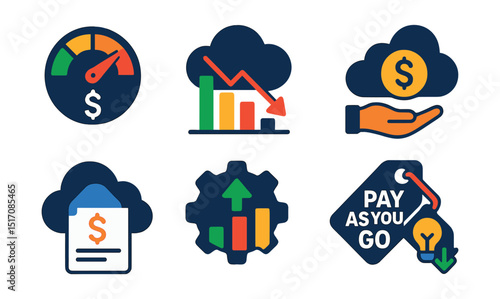 Flat vector icons of cloud efficiency and cost optimization: cost meter icon, resource usage chart, budget control in cloud, pricing model icon, pay-as-you-go badge, cloud bill analysis, efficiency