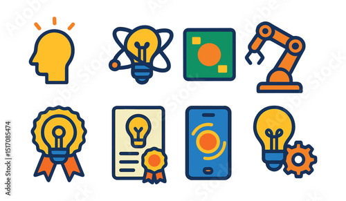 Flat vector icons of discovery and innovation: eureka icon, lightbulb in orbit, new element, robotic arm, innovation badge, space patent, future device, invention concept.