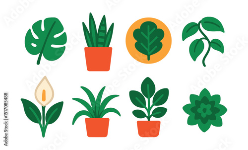 Flat vector icons of popular houseplants: monstera leaf icon, snake plant pot, fiddle leaf fig badge, pothos trailing vine, peace lily flower, spider plant symbol, rubber tree icon, succulent cluster