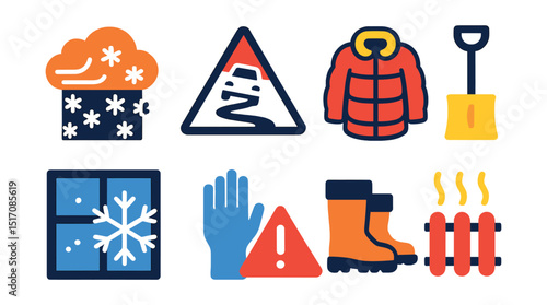 Flat vector icons of winter conditions: snowstorm icon, icy road, winter coat, snow shovel, frozen window, frostbite alert, snow boots, heater symbol.