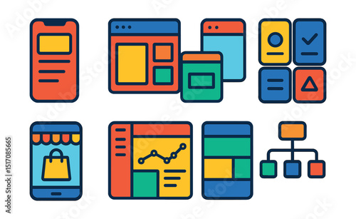 Flat vector icons of app and website design: mobile app interface, web layout icon, responsive browser mockup, app onboarding screens, e-commerce UI, SaaS dashboard design, landing page grid, site
