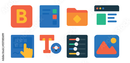 Flat vector icons of branding apps and tools: branding app icon, template manager, design asset folder, brand editor UI, drag-and-drop builder, typography selector, brand settings panel, media