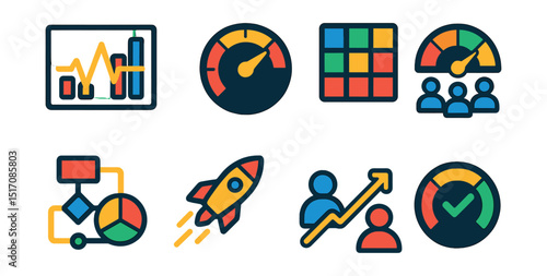 Flat vector icons of productivity insights in teams: work rhythm chart, productivity pulse, performance heatmap, team output gauge, workflow analytics, task velocity icon, collaboration metric icon,