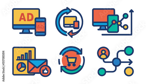 Flat vector icons of cross-platform and omnichannel advertising: multi-device ad delivery, synchronized campaign icon, desktop-mobile alignment, omnichannel strategy graph, cross-channel performance