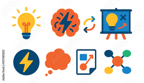 Flat vector icons of innovation ideas and creativity: glowing lightbulb, brain spark icon, creative flow arrows, idea board, innovation lightning bolt, abstract thought bubble, concept sketch, mind