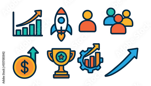 Flat vector icons of growth and scaling in startups: growth chart, rocket icon, traction meter, customer base growth, scaling process icon, funding milestone, success metric, expansion arrow.