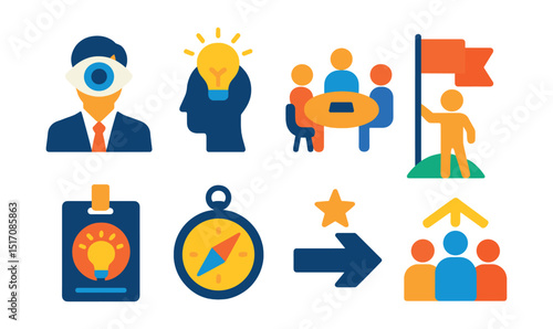 Flat vector icons of leadership and vision: visionary leader icon, lightbulb above head, strategy meeting table, leadership flag, innovation keynote badge, mission and vision compass, direction arrow