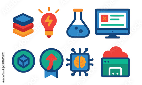 Flat vector icons of startup technology and innovation: tech stack icon, product innovation spark, R&D flask icon, software prototype, emerging tech badge, AI-powered tool, blockchain project, SaaS
