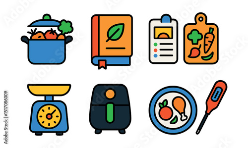 Flat vector icons of cooking and healthy recipes: cooking pot with veggies, recipe book icon, step-by-step cooking card, meal ingredients board, kitchen scale icon, air fryer symbol, home-cooked
