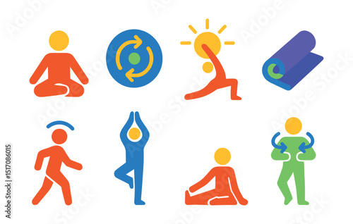 Flat vector icons of yoga and movement mindfulness: yoga pose icon, flow routine symbol, sun salutation badge, yoga mat icon, mindful movement icon, balance posture, stretching pose, breath-synced