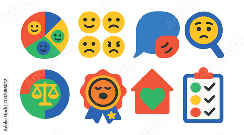 Flat vector icons of emotional awareness and expression: emotion chart icon, feeling faces, inner voice bubble, awareness magnifier, emotional balance wheel, self-expression badge, safe space icon,