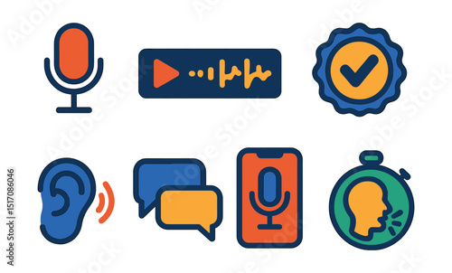 Flat vector icons of speaking and listening practice: microphone icon, audio playback bar, pronunciation wave, speech test badge, listening ear icon, dialogue bubbles, voice recording app, speaking