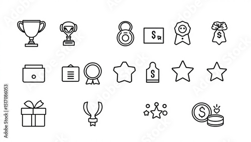 Line art illustration showcasing a collection of awards and monetary themed icons in a simple design created with generated ai