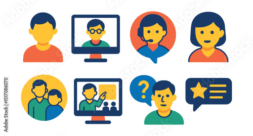 Flat vector icons of students and educators: student avatar icon, teacher monitor symbol, online tutor icon, educator chat bubble, mentor session badge, classroom video icon, question to teacher,