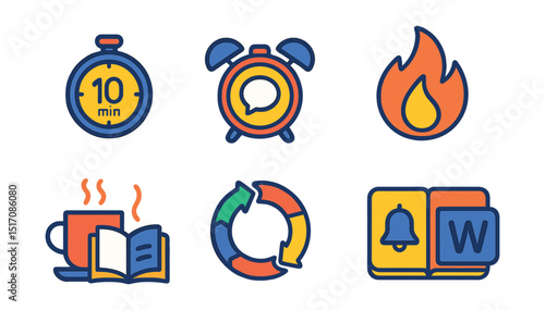 Flat vector icons of language learning habits and daily practice: 10-minute routine icon, language alarm clock, daily goal tracker, practice streak flame, morning study habit, repetition cycle chart,