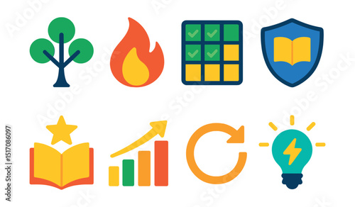 Flat vector icons of knowledge and learning goals: knowledge tree icon, learning flame, study habit tracker, knowledge badge, subject mastery icon, learning streak chart, continuous improvement arrow
