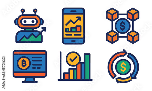 Flat vector icons of investment innovation and technology: AI trading bot icon, fintech app screen, robo-advisor avatar, blockchain investment symbol, digital asset interface, smart portfolio tool,