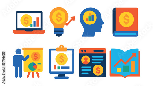 Flat vector icons of finance education and awareness: financial literacy course, investment tips icon, money mindset chart, finance book badge, personal finance class, budget workshop screen,