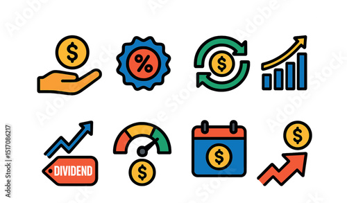 Flat vector icons of dividend and passive income: dividend payout icon, yield percentage badge, reinvestment cycle, income stream chart, stock with dividend tag, passive earnings meter, income