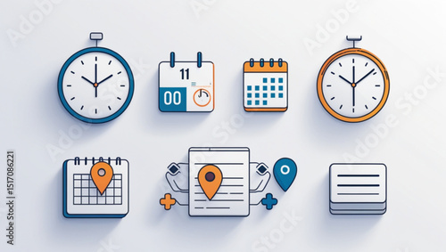 Illustration of time management icons including clocks and calendars on a white background created with generated ai
