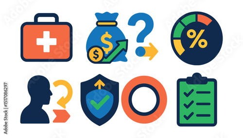 Flat vector icons of emergency prep and backup planning: emergency kit icon, backup savings plan, “what if” scenario icon, emergency percentage tracker, planning ahead symbol, future-proof badge,