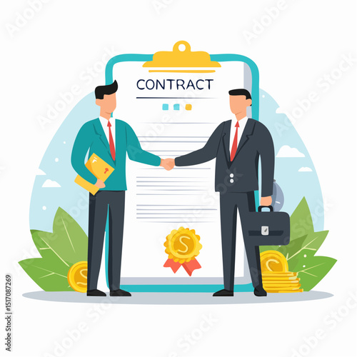 construction worker with blueprint and tools, signin contract temwork