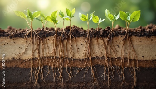 Cutaway view shows plant root structure underground soil layers. Young green plants with growing roots in garden soil. Ecology, growth, environment, agriculture, farming, gardening concepts.