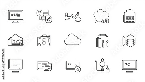Outline icons depicting computer screens, cloud storage, and various technological concepts displayed created with generated ai