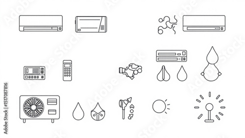 Illustration of air conditioning units, remote controls, water droplets, and other related symbols in line art created with generated ai