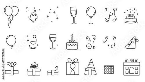 Celebration icons including balloons gifts cake champagne and party hats in a doodle line drawing style created with generated ai
