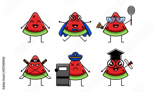 Adorable Watermelon Characters Collection: Funny and Diverse Fruit Mascots in Various Roles, Perfect for Healthy Lifestyle Promotions and Summer Designs