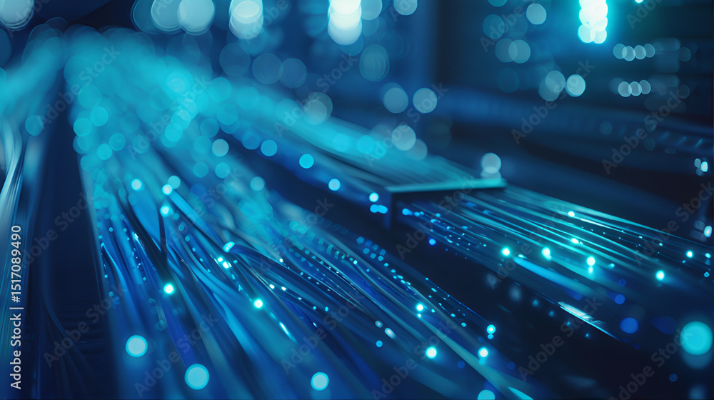 © Taiwo - Computer networking fiber optic LAN cables for seamless system connectivity. Server rack with glowing lights for data center technolog. Server room network switch data center cloud storage