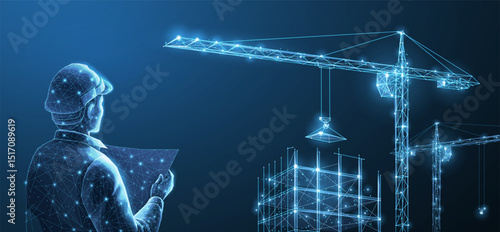 Construction. Polygonal wireframe building under crune on dark blue night sky with dots, stars.